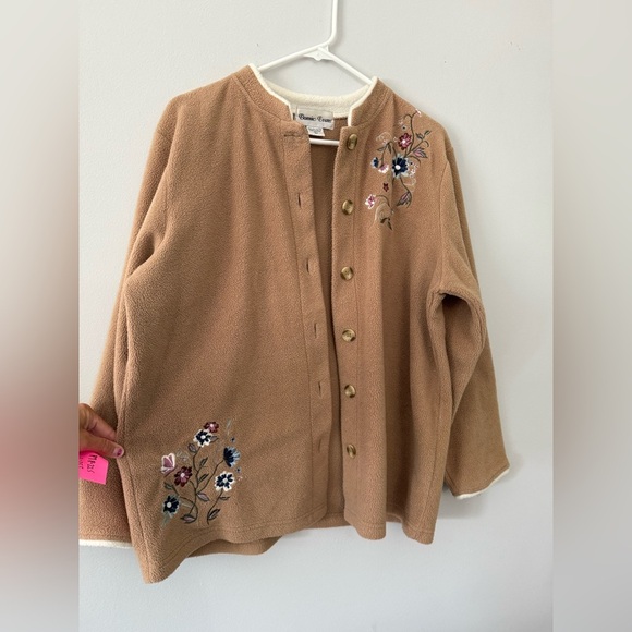 VTG Bonnie Evans Floral Embroidered Cardigan Sweater Button Down Tan Soft Size L - Picture 2 of 6